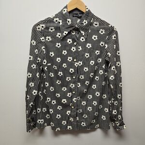 Vintage Stacy Ames 70s Daisy Floral Button Shirt Black White Funky Women sz ~Med